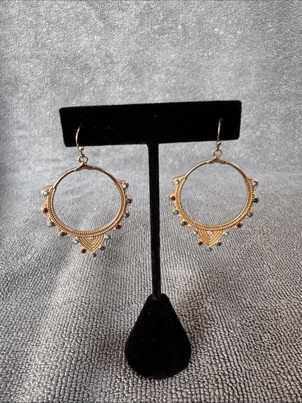 Boho Gold-Tone Hoop Earrings with Multicolor Gemstone Accents